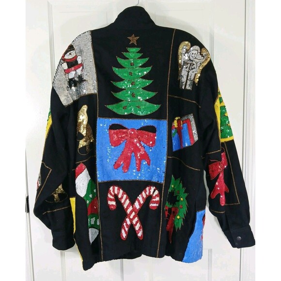 VINTAGE MODI DENIM Sequin Christmas Holiday Ugly Sweater Jacket L 10/12 80s 90s - Picture 9 of 16